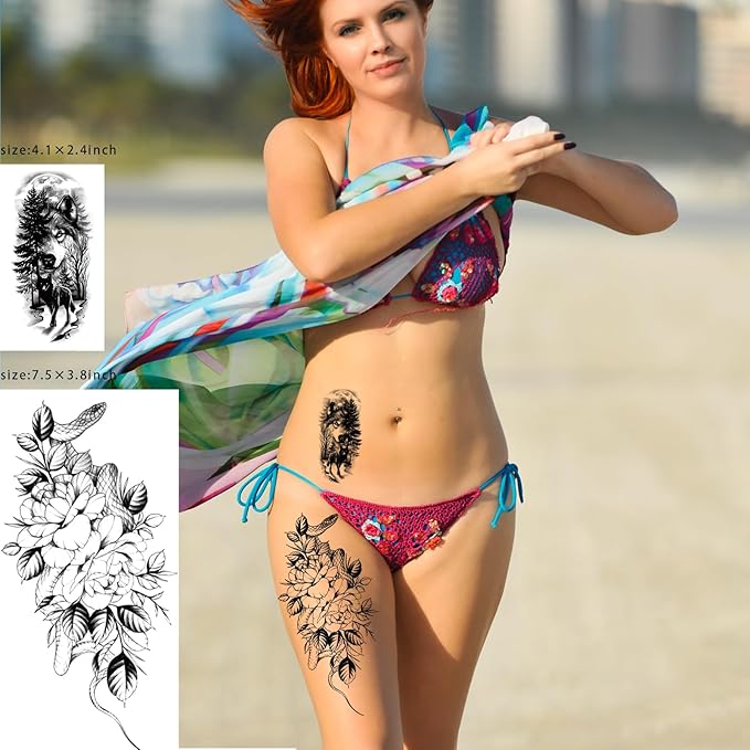 82 Sheets 3D Flowers Temporary Tattoos for Women Adult, Including 12 Sheets Large Fake Tattoos That Look Real and Last Long, Waterproof Rose Moon Butterfly Tiger Snake and Flowers Tattoos
