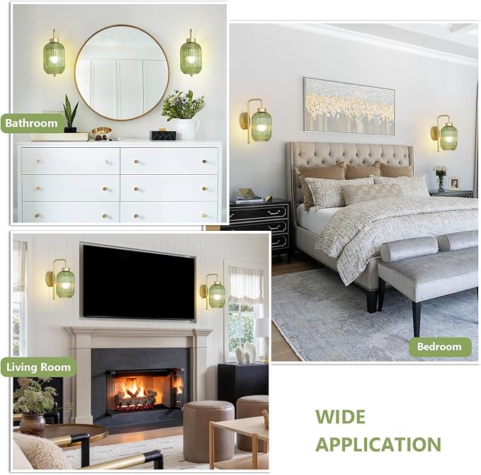 Gold Wireless Sconces Set of 2 with Green Stripe Glass Shade, Battery Operated Wall Sconces with Remote and Dimmable Bulb, Vintage Rechargeable Cordless Wall Lights For Bedside Living Room Bathroom