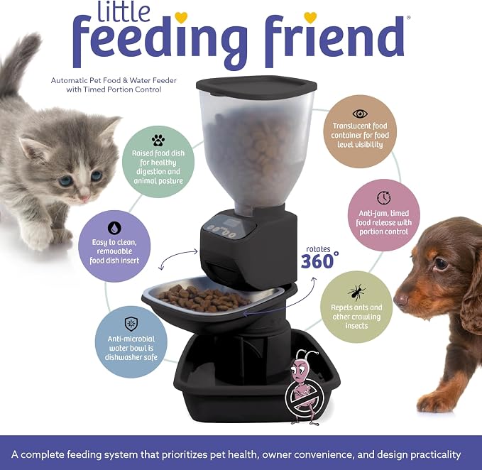 Feeding Friend® Automatic Dog & Cat Food Feeder with Water Dispenser, Smart Portion Control, OLED Display, Anti-Jam Design, Battery Operated, XS 4–15 lbs Pets, Black