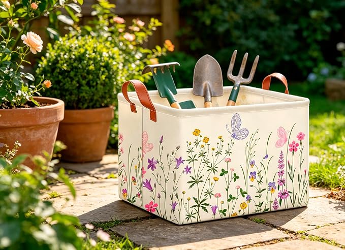CLOCOR Rectangular Storage Basket Empty,Gift Basket,Waterproof Storage Bin with Handles,Room Decor(Flower)