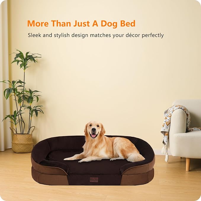 Dwanton Orthopedic Waterproof Large Dog Bed Sofa, Gel Memory Foam, 42" | Egg-Crate Foam Dog Sofa, Washable Pet Bed with Four Sided Bolster Cushion, Removable Cover & Non-Slip Bottom, Brown