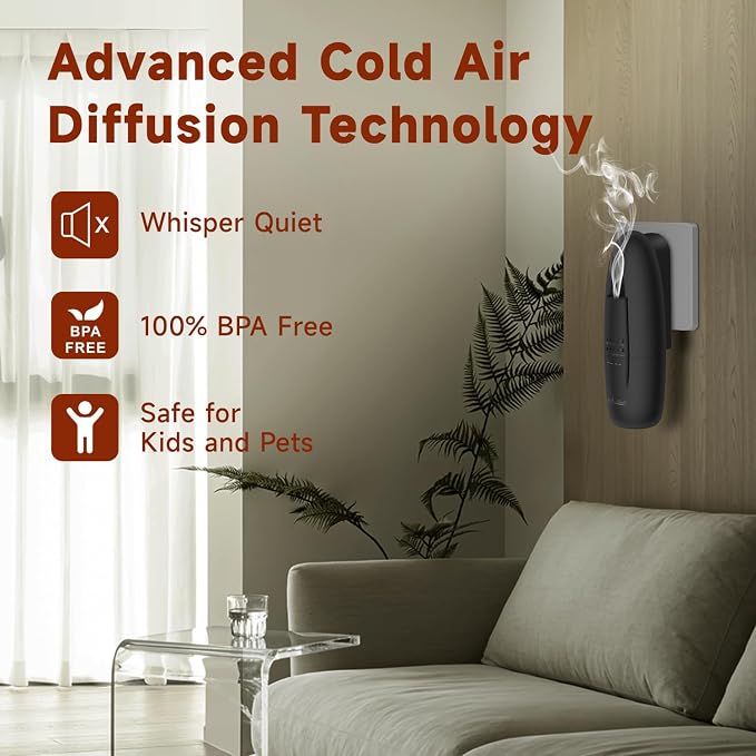 Plug in Waterless Diffuser, OliveTech Cold Air Scent Diffuser for Home & Office, Hotel Collection Aromatherapy Diffuser with 30mL Essential Oil Included, Adjustable Fragrance - Black