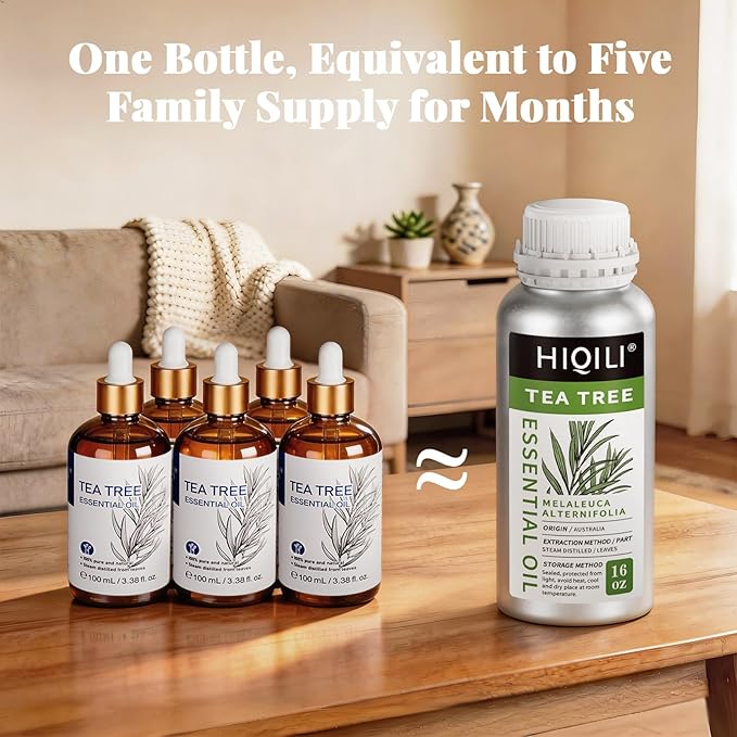 HIQILI Tea Tree Oil for Skin, Hair, Nail, Diffuser, Soap Making | Includes Two Portable Decanters - 500mL / 16 fl.oz