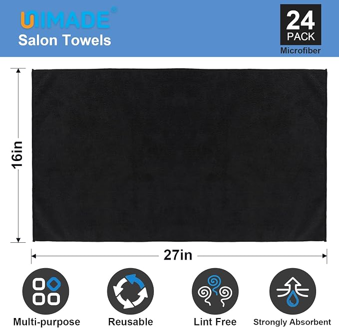 UNIMADE 24 Pack Salon Towels - Highly Absorbent and Quick Drying Hand Towels, Premium Wash Cloths for Bathroom, Gym, Shower, Hotel, and Spa - 16x27 inch (Black)