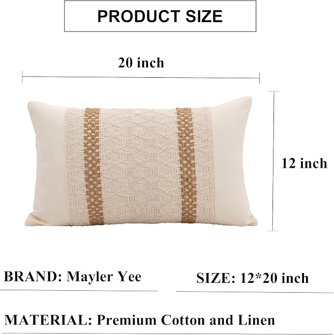 Lumbar Throw Pillow Covers Set of 1 (Beige, 12x20 Inch) | Linen Cotton Soft Cozy, Decorative Sofa Couch Pillow Cases, Textured Woven Single Striped, Boho Sytle for Living Room