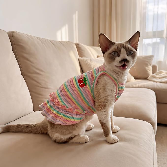 Jmkcoz Cute Striped Dog T Shirts Puppy Dress Pet Sleeveless Vest Clothes | Pink, Small, Soft, Lightweight, Breathable, Washable, Worn in All Seasons, Cherry Dog Shirts for Small Dogs Cats Chihuahuas