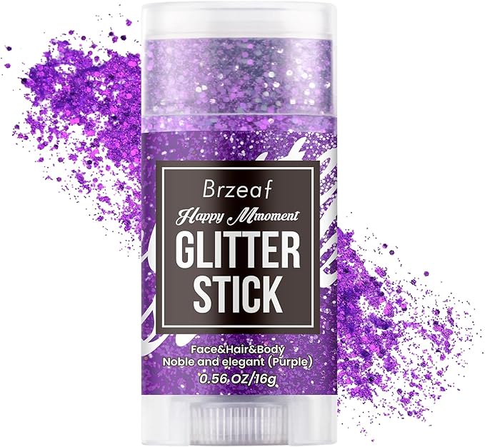 Brzeaf Waterproof Purple Glitter Stick, Not Greasy & Shimmery & Long Lasting, Chunky Glitter for Face/Body/Hair/Eyes, Singer Concert Music Christmas Rave Festival, Glitter Stick Makeup for Women Men