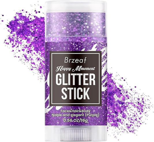 Brzeaf Waterproof Purple Glitter Stick, Not Greasy & Shimmery & Long Lasting, Chunky Glitter for Face/Body/Hair/Eyes, Singer Concert Music Christmas Rave Festival, Glitter Stick Makeup for Women Men