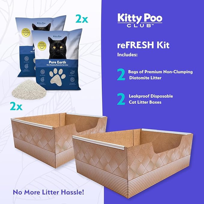 Kitty Poo Club Disposable Cat Litter Box 2-Pack with Diatomite Litter | Two 7.5 lb Bags, Porous Mineral Formula, Lightweight Handling, Fast Absorption, and Leak-Proof Setup for Travel or Home