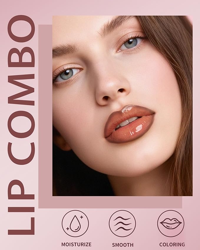 3Pcs Hydrating Lip Gloss with Brown Lip Liner Combo Set,Plumping Lip Liner Moisturizing Nude Tinted Lips Glow Oil,Lightweight Non Sticky Liquid Lipstick Women Lipstain Makeup Long Lasting Lipgloss -08