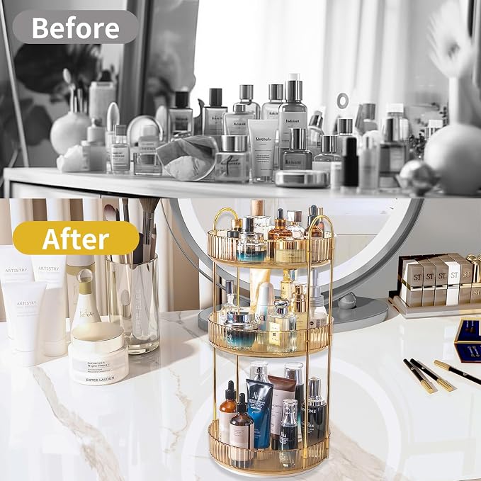 Asayuee 360 Rotating Makeup Organizer for Vanity,3 Tier Large Capacity Vanity Storage,Skincare Perfume Spinning Organizer,Bathroom Cosmetics Storage Makeup Stand Organizer (Gold-3 Tier)