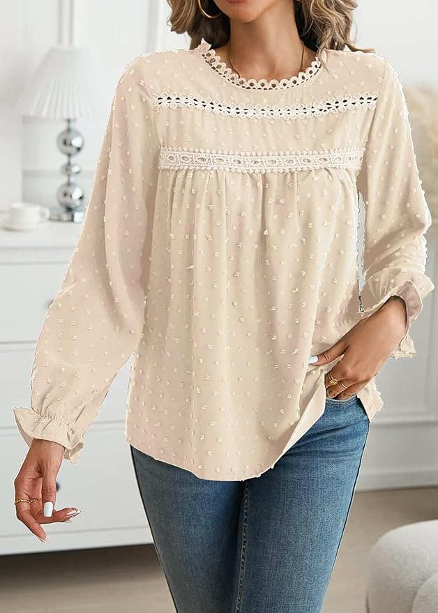 Womens Boho Tops Long Sleeve Shirts For Women Cute Crewneck Blouse Dressy Casual Swiss Dot Crochet Hollow Top 2026