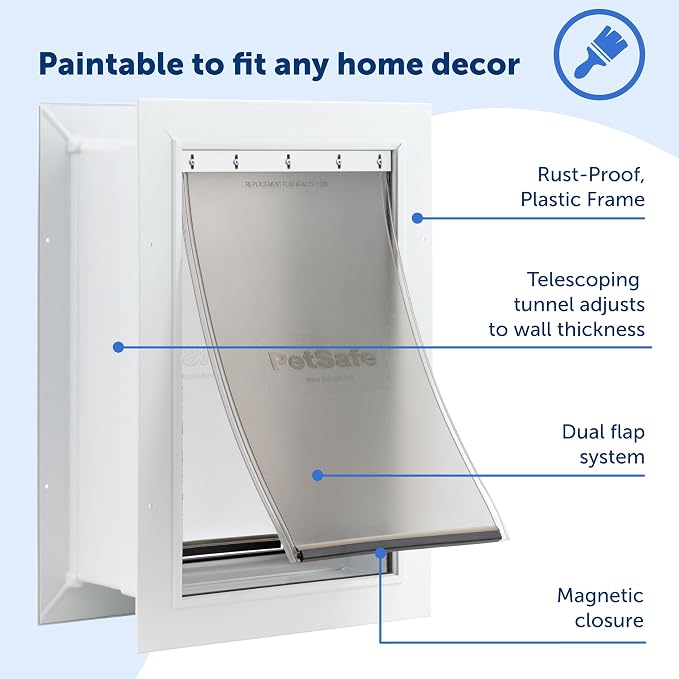 PetSafe Wall Entry Pet Door, Telescoping, Dogs up to 40 lb, Medium | Insulates Better Than Metal, Interior & Exterior Install, Weatherproof Double-Flap, DIY Telescoping Tunnel 4.75-7.25 in Walls