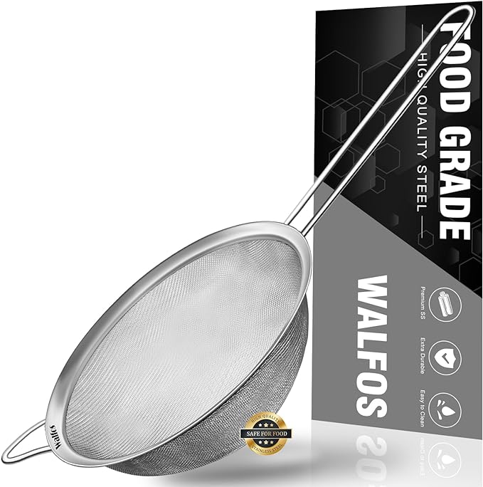 Walfos 7.8 Inch Fine Mesh Strainer, Premium Stainless Steel Colanders and Sifters, with Reinforced Frame and Sturdy Handle, Perfect for Sift, Strain, Drain and Rinse Vegetables, Pastas and Tea