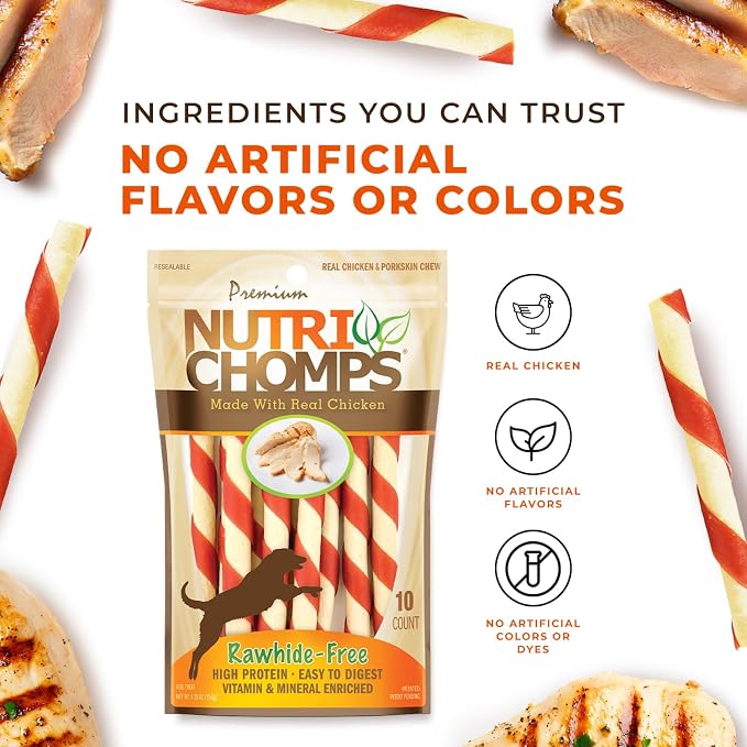 Nutri Chomps Rawhide Free Dog Chews, Real Chicken, 5in Twists, 10ct, 2pk | Long-lasting chew. High protein, low fat, healthy & delicious treat for dogs.
