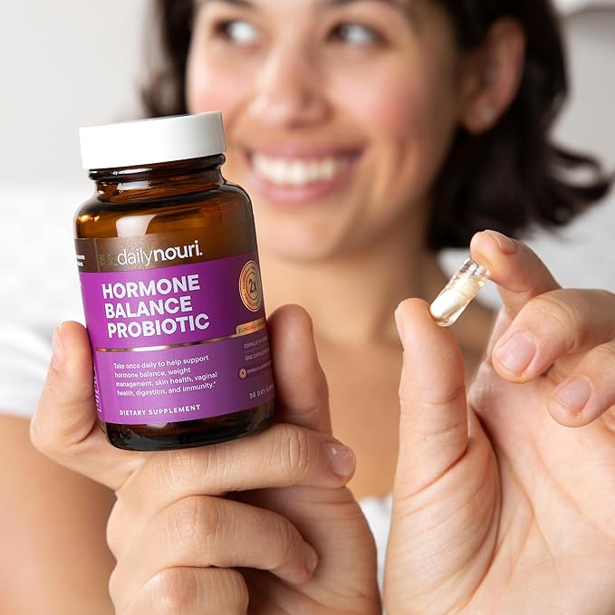 DAILYNOURI Hormone Balance Probiotic for Women | Supports Healthy Estrogen, PMS, PCOS, Perimenopause, Vaginal pH, Yeast, Gut Health, Skin & Immunity | 7 Strains + Vegan Omega Oil | 30-Day Supply