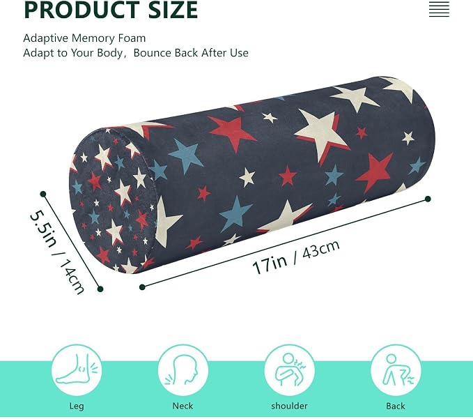 Neck Roll Pillow Bolster Round Health Memory Foam Long Cervical Cylinder Body Pillows with Removable Washable Cover Bed Legs Back Yoga Stars Blue July 4th Patriotic