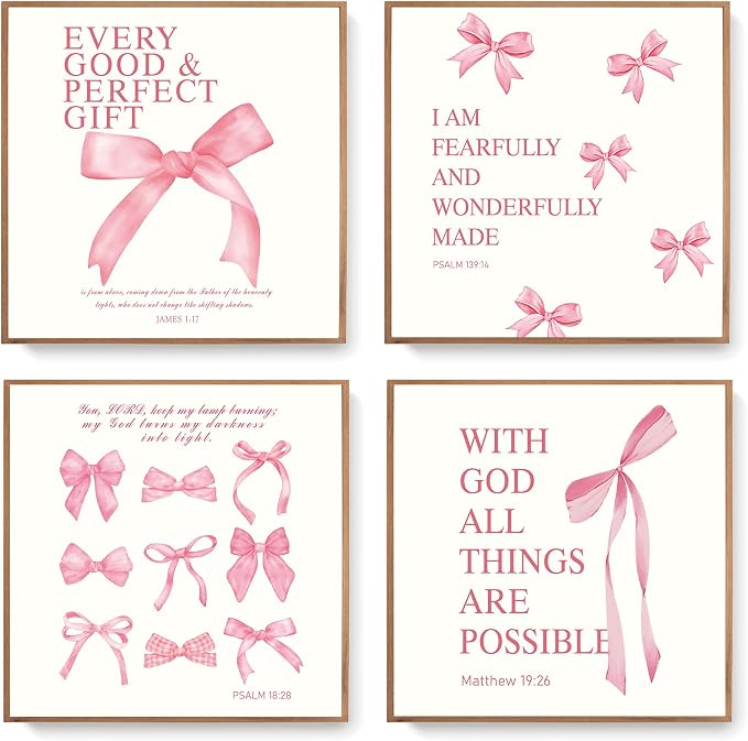 LARTSFRO Coquette Pink Bow Wall Art Decor Posters, Pink Bow Christian Room Bathroom Bedroom Dorm Wall Art Decor Aesthetic for College Teen Girls Gifts, Inspirational Bible Verses Bow Wall Decor, 8x8 Inch Set of 4 Pcs Bow Pictures (UNFRAMED)