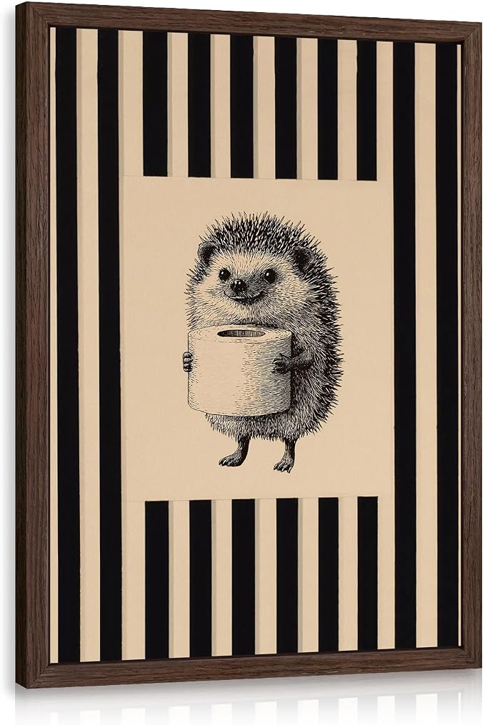 VziizV Funny Hedgehog Bathroom Wall Art, Cute Hedgehog Holding Toilet Paper Decor, Beige and Black Stripe Restroom Poster Print, Whimsical Farmhouse Animal Artwork for Powder Wood Framed 12x16 Inch