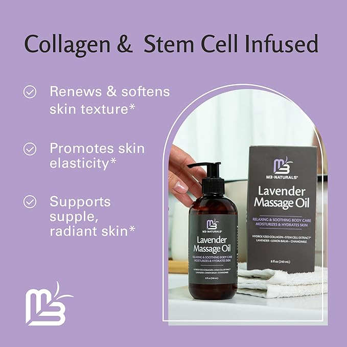 Lavender Massage Oil with Collagen and Stem Cells - Skin Firming Therapy Oil for Cellulite and Quick Absorption on Bum, Thighs, and Belly, 8 fl oz (Pack of 2) by M3 Naturals