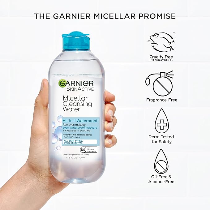 Garnier Micellar Water For Waterproof Makeup, Hydrating Facial Cleanser & Makeup Remover, Suitable for Sensitive Skin, Vegan, Cruelty Free, 13.5 Fl Oz (400mL), 1 Count