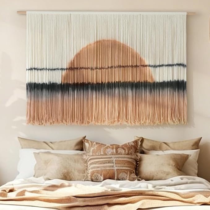 Macrame Wall Hanging Dip Dye Sunset Boho Wall Decor Fiber Art 57" W*35" L | Fiber Wall Art, Hand Dyed Wall Hanging, for Bedroom Living Room Office Dorm Room Accent, Aesthetic Home Style, Boho Decor