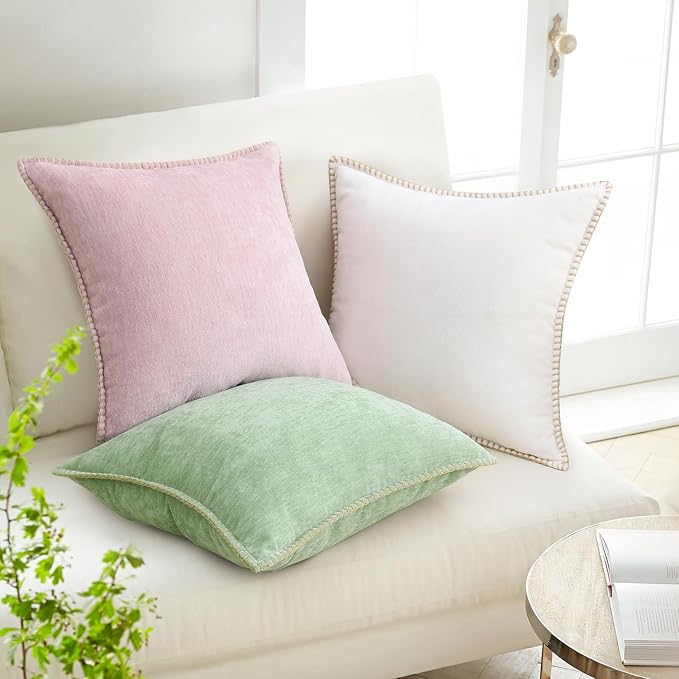 decorUhome Soft Chenille Throw Pillow Covers 20x20 Set of 2 Blush Pink | Fall Textured Decorative Throw Pillow Cases Stitched Edge Modern Farmhouse Luxury Boho Velvet for Couch Sofa Bed Home Decor