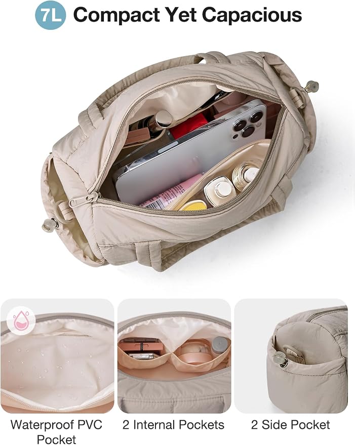 Noozion 12 Inch Mini Gym Bag for Women, Lightweight Quilted Crossbody Duffle Bag with Wet Pocket, Dual Side Pockets, Adjustable Strap, Small Workout Bag for Yoga, Pilates, Swimming & Daily Use