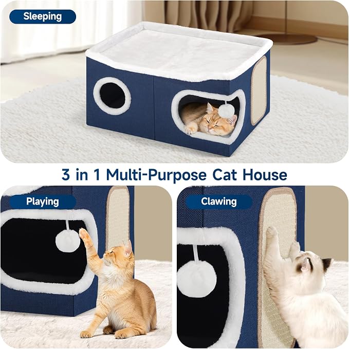 Shikha Extra Large Cat House Bed for Multi Cats with Scratch Pad Blue | 24 x 17.7 x 12.6 IN Widen Cat Cave Cube for Multi Pets, Foldable, Arc-Edge Design, Oval Door, All Seasons Reversible Cushion