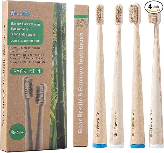 BlueForest Era 4 Pack Boar Bristles & Bamboo Toothbrush, Premium Natural Boar Bristle Toothbrushes for Adult, Plastic & Nylon Free, Fully Biodegradable Compostable Bamboo Tooth Brushes