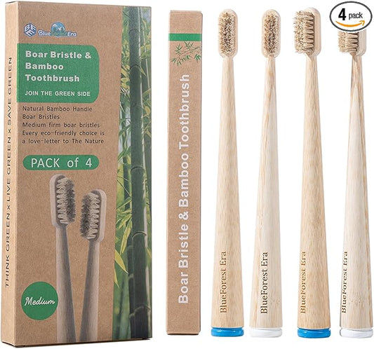 BlueForest Era 4 Pack Boar Bristles & Bamboo Toothbrush, Premium Natural Boar Bristle Toothbrushes for Adult, Plastic & Nylon Free, Fully Biodegradable Compostable Bamboo Tooth Brushes