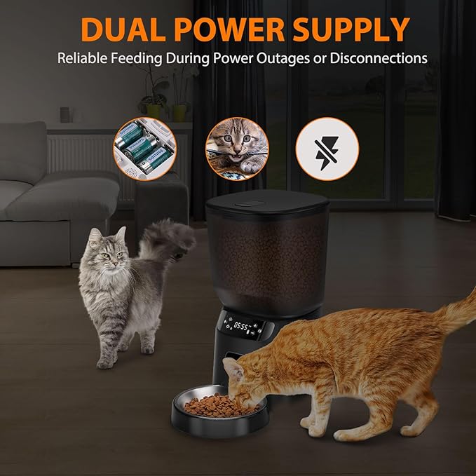 Automatic Cat Feeder, Cat Food Dispenser with Stainless Steel Bowl, Timed Portion Control 20 Portions 6 Meals Per Day, Voice Recorder, Dual Power Supply for Small Dogs