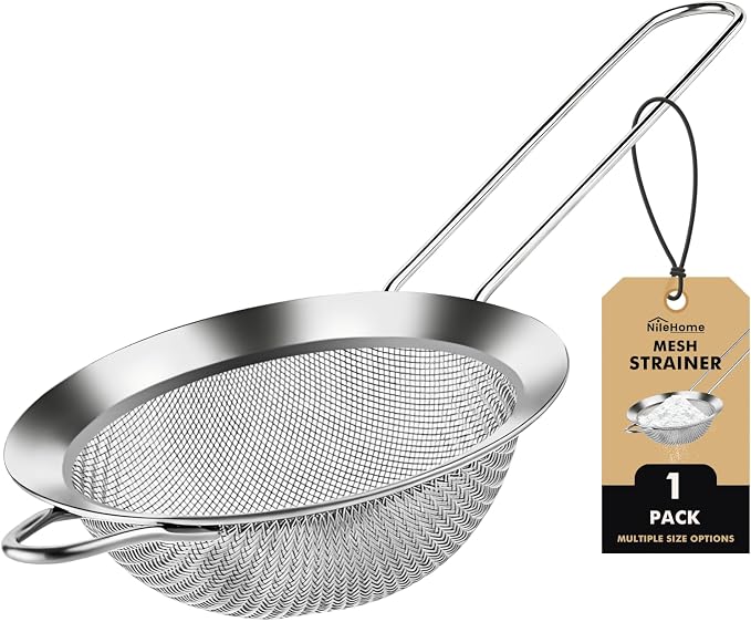 NileHome Mesh Strainer,7.8-Inch Diameter Stainless Steel Strainer for Sifting, Straining, Cooking Kitchen Strainers Fine Mesh for Flour, Pasta, Loose Tea, Fruit, and Rice, Silver