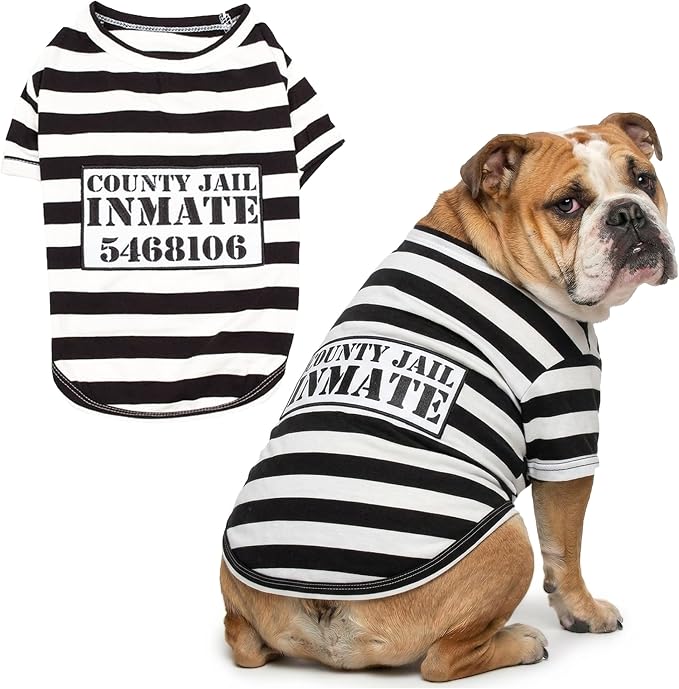 Parisian Pet Prisoner Dog Costume - 100% Cotton Striped Dog Clothes for Large Dogs - Lightweight Puppy Outfits - Funny French Bulldog Clothes - Sleeved Shirt for Dogs - Stretchy Pet Costume