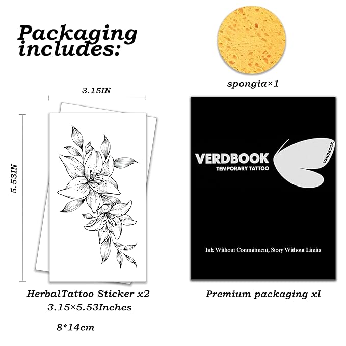 Waterproof Temporary Tattoos: 2-Sheet Tattoo Kit with Realistic Body Stickers, Semi-Permanent Tattoos for Adults Lasting 7-15 Days – Safe for Men & Women, Lily Pattern