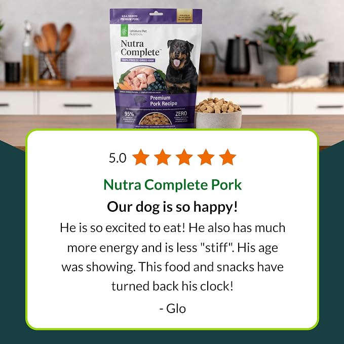 ULTIMATE PET NUTRITION Nutra Complete Freeze-Dried Dog Food, Pork 1lb x4 | Vet-formulated dog food with antioxidants, prebiotics & amino acids, full meal or topper for adult canines, all breeds/sizes