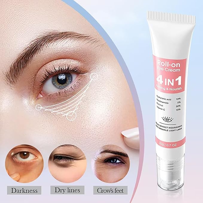 Retinol Eye Cream with 10% Hyaluronic Acid, 30% Retinol, 5% Nicotinamide, 10% Vitamin C for Puffy Dark Circles Wrinkles Eye Bags Fine Lines, Under Eye Cream with 360° Eye Roller Massage Ball