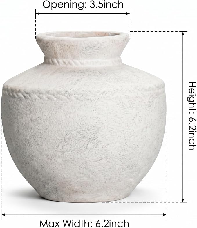 Rustic Farmhouse Vase 6 Inch Small White Ceramic Flower Vases for Home Decor Vintage Pottery Vase for Living Room Bedroom Shelf Office Coffee Table Centerpiece