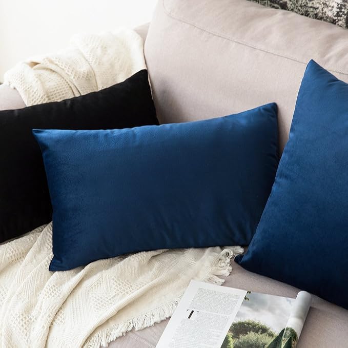 MIULEE 12x20 Inch Lumbar Velvet Throw Pillow Cover Set of 1 Dark Blue | Soft Luxury Decorative Throw Pillow Cover, Single Rectangle Cushion Case, Home Decor for Chair Couch Sofa Bedroom Car Bed