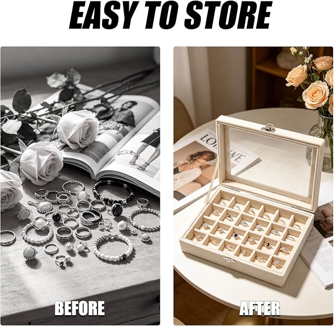 Small Velvet Jewelry Tray with Clear Lid, 24 Grids Beige | Lockable Ring Earring Holder Organizer Storage Box Case Jewelry Box Organizer for Rings Earrings Bracelets Brooches