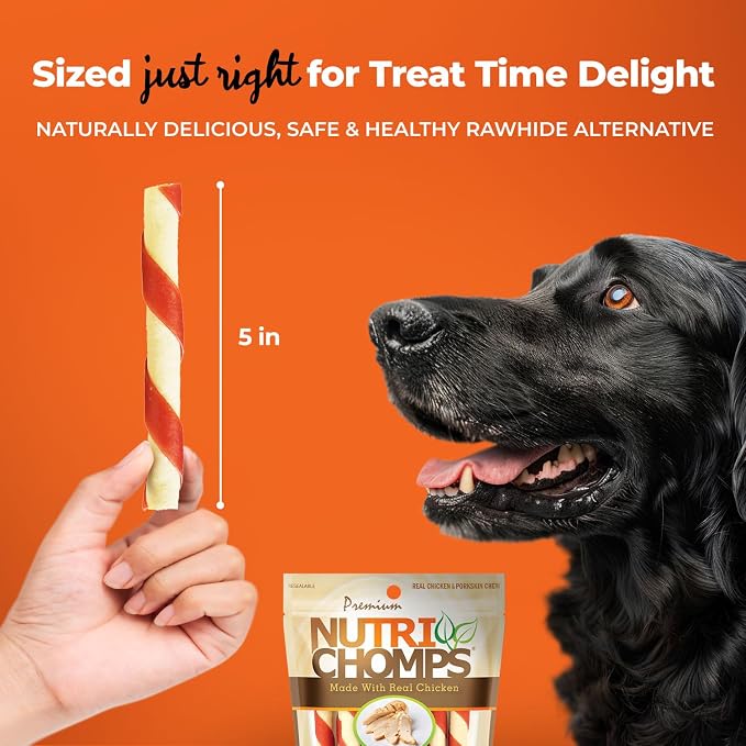 Nutri Chomps Rawhide Free Dog Chews, Real Chicken, 5in Twists, 10ct, 2pk | Long-lasting chew. High protein, low fat, healthy & delicious treat for dogs.