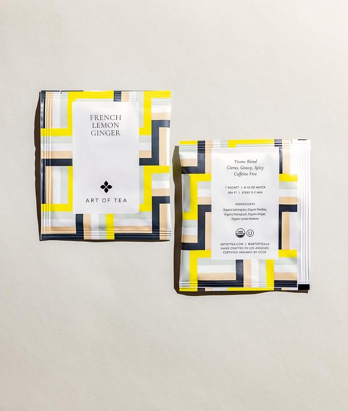 Art of Tea Organic French Lemon Ginger Tea Bags, 50 Pyramid Sachets, Caffeine Free Herbal Tea with Ginger, Lemongrass & Lemon Verbena, Soothing Wellness Tea for Digestion & Relaxation
