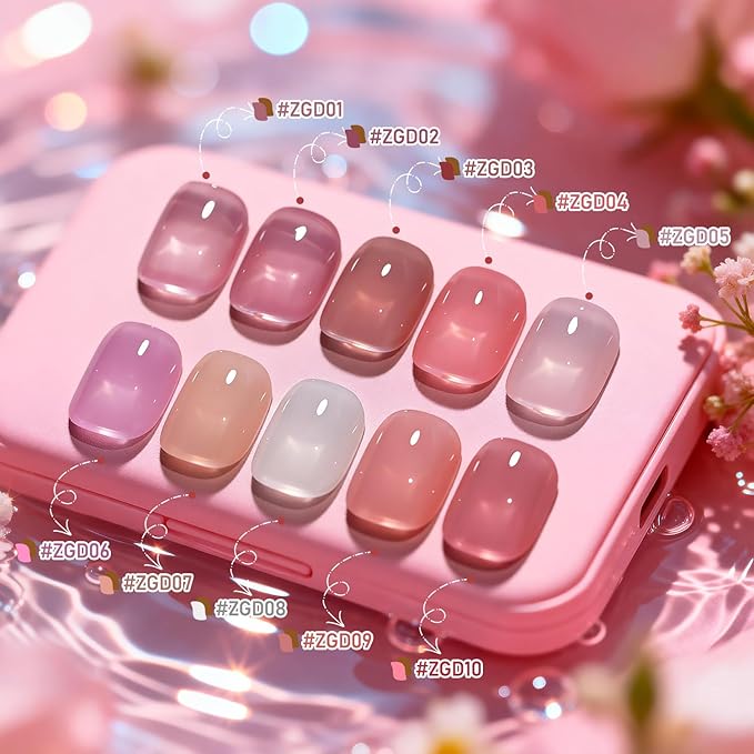 Jelly Nail Polish Set, 10 Color With 2Pcs Base and Top Coat Quick Dry High Gloss Shine Nail Polish Non Gel Translucent Milky White Nude Pink Color Holiday Gift Giving 5ML