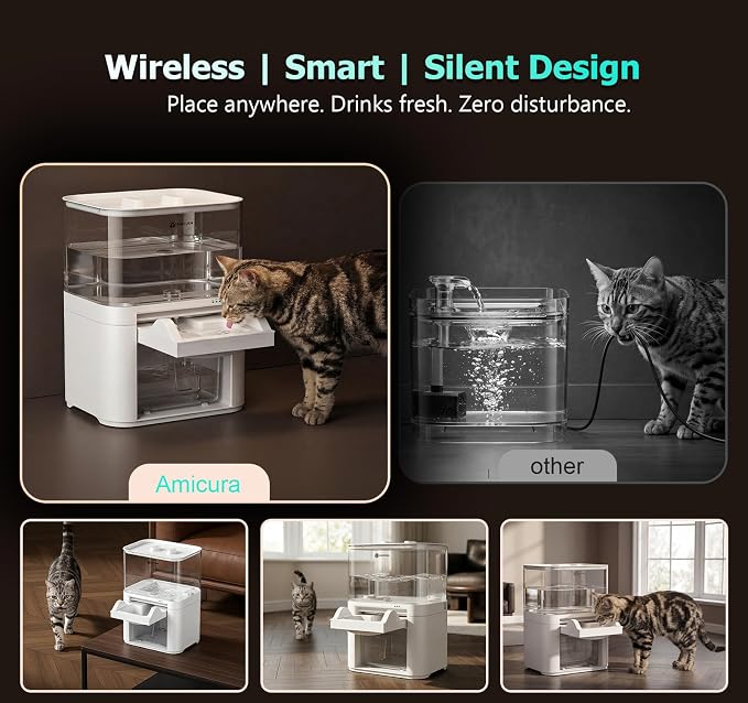 Cat Water Fountain, Wastewater Separation & No Filter Cotton, Pet Water Dispenser with 4000mAh 4L Large Capacity Tank, Wireless Automatic Water Fountains for Cats Indoor Cat Watering Supplies