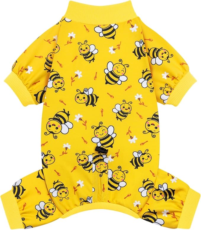 XPUDAC Dog Pajamas for Small Medium Dogs, Cute Puppy Clothes with Bee Print, Soft Breathable Dog Pjs Onesie with Adjustable Drawstring for Summer Holiday, S