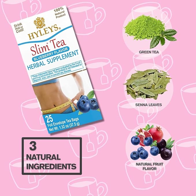 Hyleys Slim Tea Blueberry Flavor - Weight Loss Herbal Supplement Cleanse and Detox - 25 Tea Bags (12 Pack)