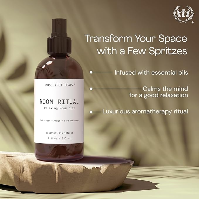 Muse Apothecary Room Ritual - Aromatic and Relaxing Room Mist, Infused with Natural Essential Oils - 8oz, Bergamot + French Lavender + Sandalwood - 2 Pack