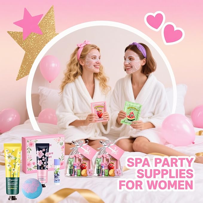 55PCS Spa Party Supplies for Girls,Spa Birthday Party Face Masks Skincare,Under Eye Patches, Lip Mask, Foot Bath Bombs Spa Kit, Bulk Gifts for Women, Mothers Day, Teacher Appreciation Gifts