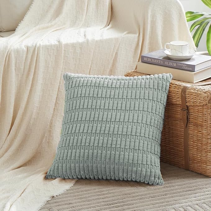 Fancy Homi Decorative Throw Pillow Covers for Bed Couch Bedroom Bench, Soft Corduroy Solid Pillow Case, Rustic Farmhouse Boho Room Decor,18" x 18" (Pack of 1),Grey Blue