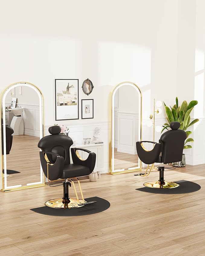 Baasha Ergonomic Reclining Hair Salon Chair, Gold Styling, Removable Headrest, 360 Swivel, Black